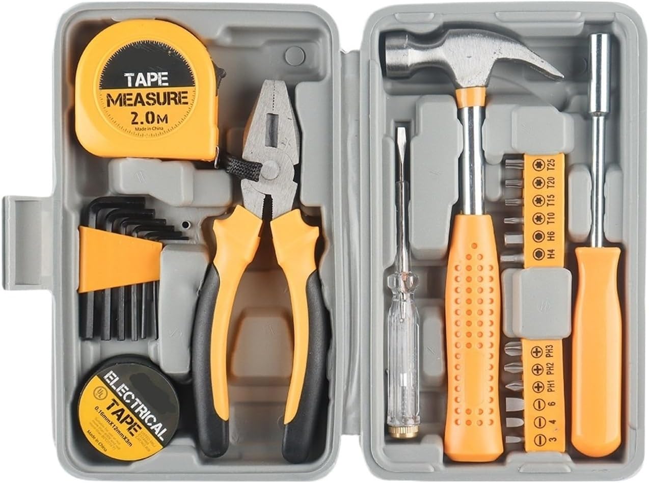 24 In 1 Multifunctional Home Repair Hand Tool Set Pliers Tape Measure Hammer Wrench Screwdriver Pink Hardware With Toolbox(24pcs yellow)