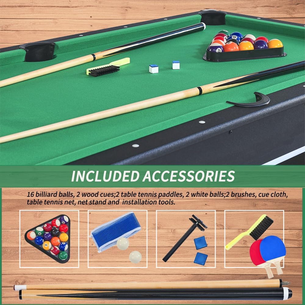 2 in 1 Pool and Table Tennis Multi Game Table, 6-Foot Modern Billiards Table with Conversion Top of Table Tennis Includes Cues, Paddles and Balls