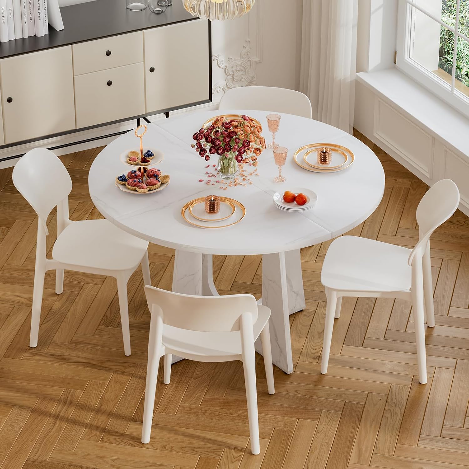 47' Round Dining Table for 4-6, Farmhouse Wood Kitchen Table, Mid-Century Wooden Circle Dinner Room Table Easy Assembly for Dining Room, Kitchen, Living Room (Faux Marble)