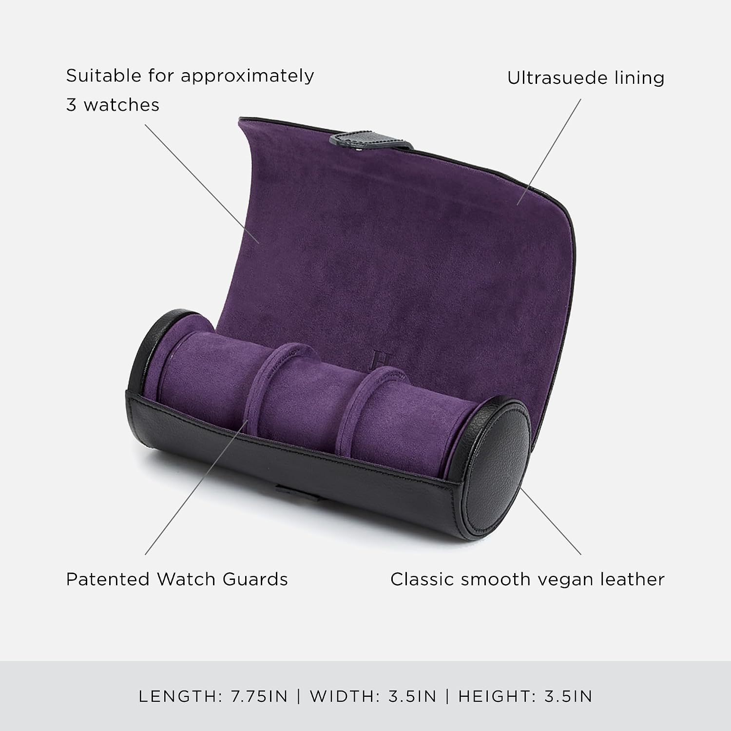 WOLF Heritage Watch Roll, Blake Black/Purple - Holds Up to Three Watches - Vegan Leather, Ultra-Suede Lining, Snap Closure - Includes Two Watch Guards