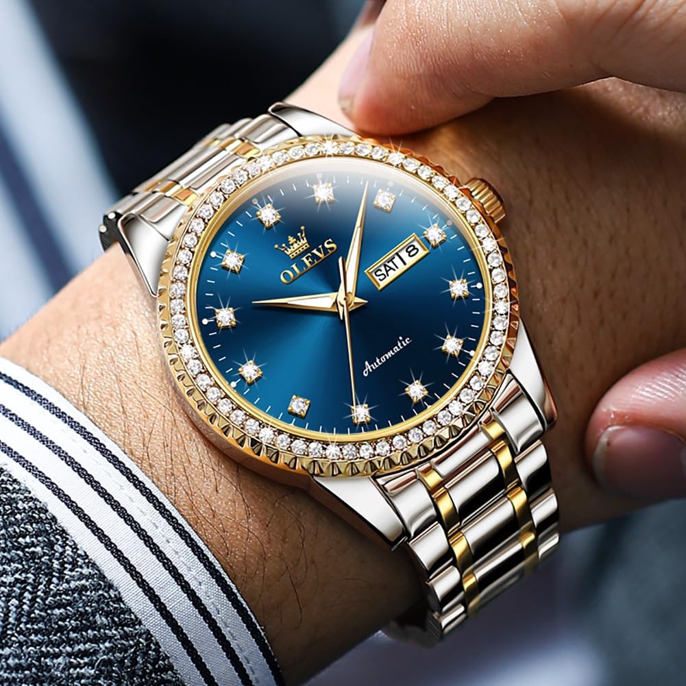 OLEVS Watches for Men Analog Quartz Luxury Diamond Waterproof Chronograph Stainless Steel Big Face Square Date Moon Phase Roman Numeral Dress Mens Watches