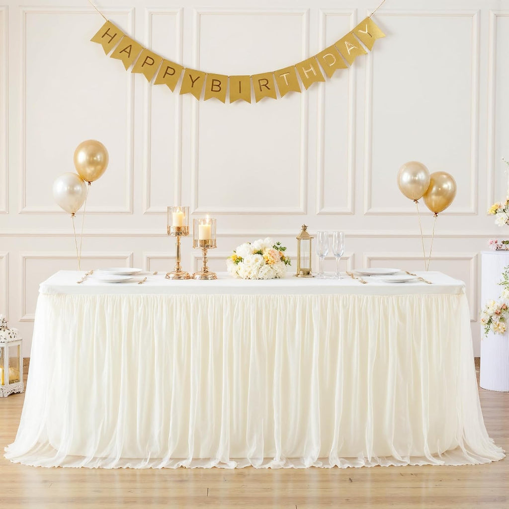 6 Pack 6ft Ivory Tulle Tablecloths for Rectangle Tables 6 Foot Ivory Rectangular Table Cloth Wrinkle Free Tablecover with Tutu Skirt for Wedding Baby Shower Birthday Party Banquet Buffet Cake