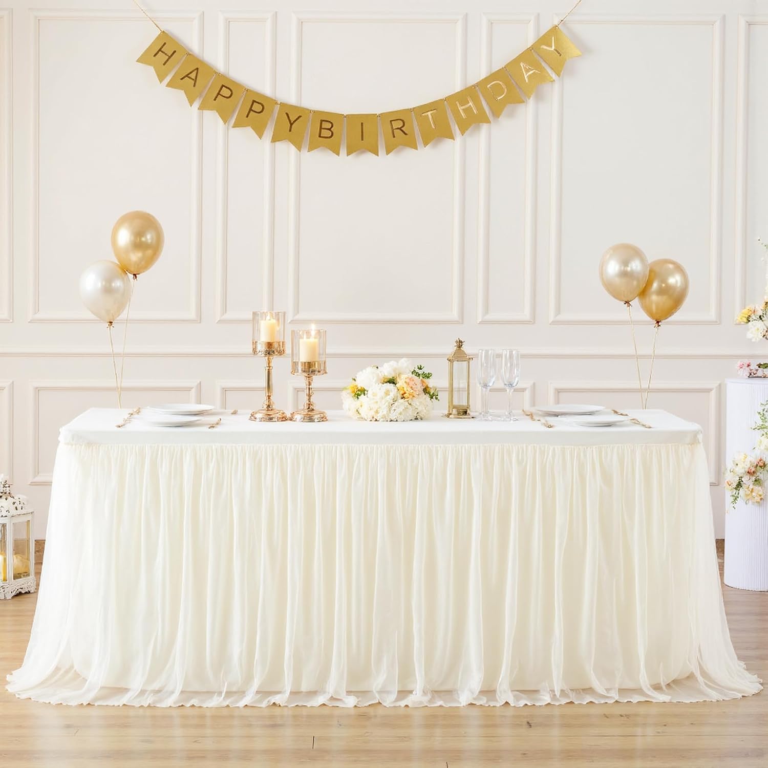 6 Pack 6ft Ivory Tulle Tablecloths for Rectangle Tables 6 Foot Ivory Rectangular Table Cloth Wrinkle Free Tablecover with Tutu Skirt for Wedding Baby Shower Birthday Party Banquet Buffet Cake