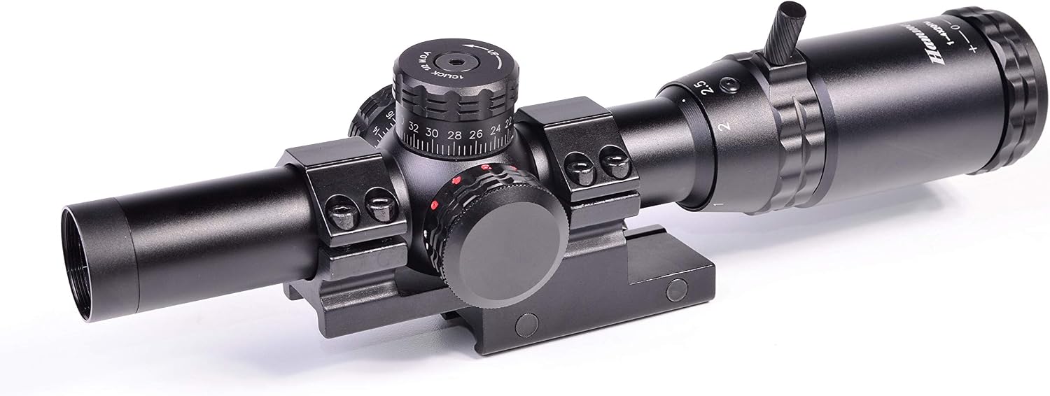 Hammers 1-4x20 Lightweight Compact Short Rifle Scope w/Illuminated Etched Glass Circle Reticle Finger Adjustable Lockable External Turret Screws Speed Throw Lever Offset Scope Mount 1inch Tube