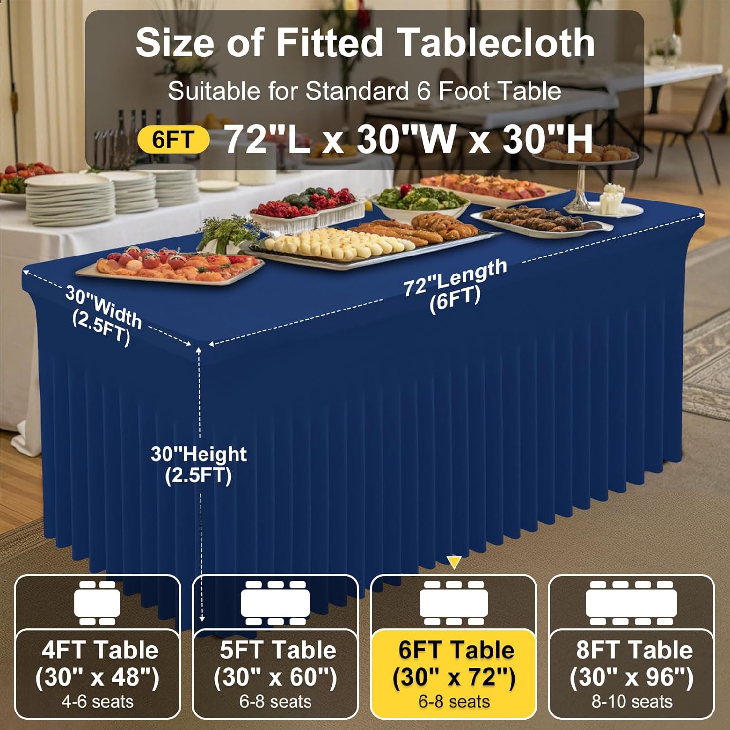 Smiry Spandex Tablecloth 6 Pack, Elastic Fitted Stretch Tablecloth for 6FT Rectangle Tables, Waterproof Washable Table Cover Skirt for Wedding, Banquet & Parties (Navy, 72Lx30Wx30H Inch)