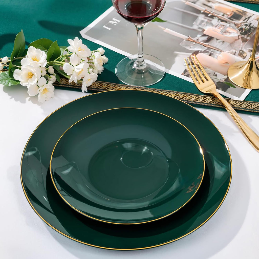 Nervure 100Pcs Green and Gold Plastic Plates - 10.25inch Disposable Green Dinner Plates - Heavy Duty Plastic Plate Ideal for Wedding & Party (Pack of 2)