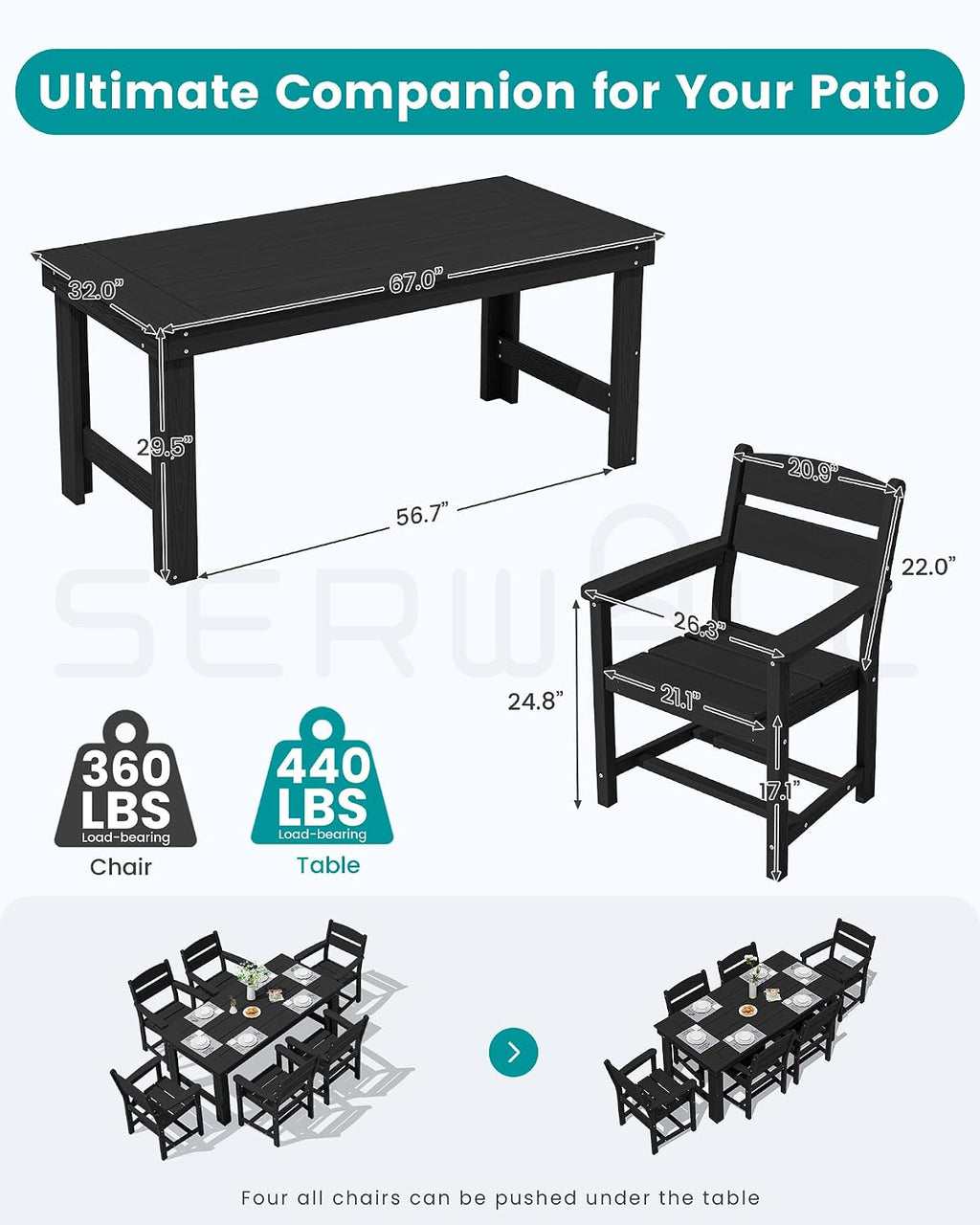 SERWALL Outdoor Dining Table Set, 67'' HDPE Patio Dining Set for 6, Wood-Like All-Weather Outdoor Table and Chairs Set for Lawn, Black