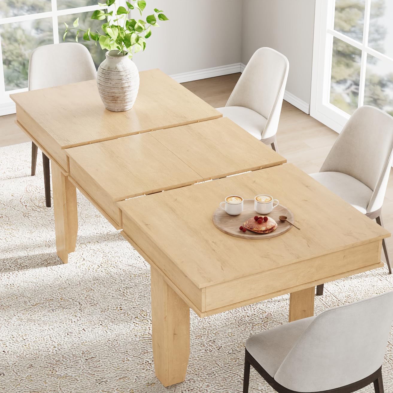 GarveeHome 63 in-86.6 in Extendable Dining Room Table for 6-10, Farmhouse Kitchen Tables w/Wooden Sturdy Frame, Large Rectangular Dinner Table for Dining Room, Kitchen