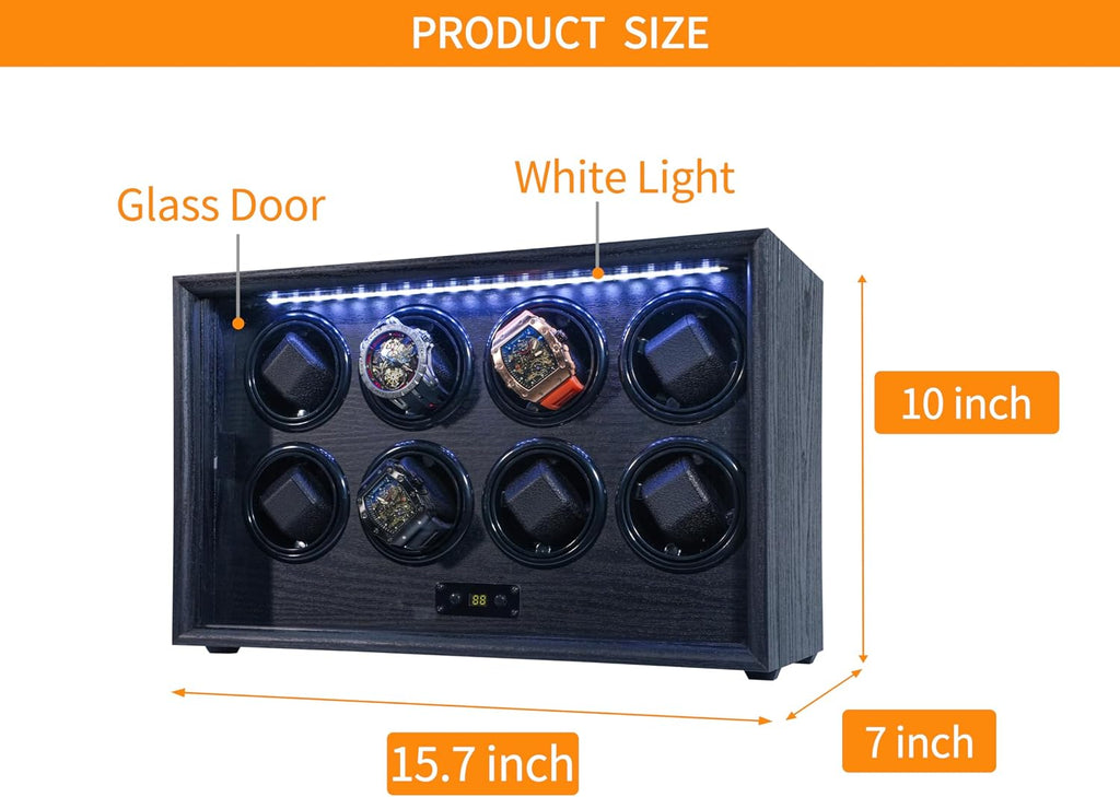 Watch Winder for 2/4/6/8 Automatic Watches, Watch Rotator for Rolex 15 Rotation Modes Display Box White Light, Watches Winder Case with USB-C Adapter, Present for Men Quiet Mabuchi Motor(≤5db)
