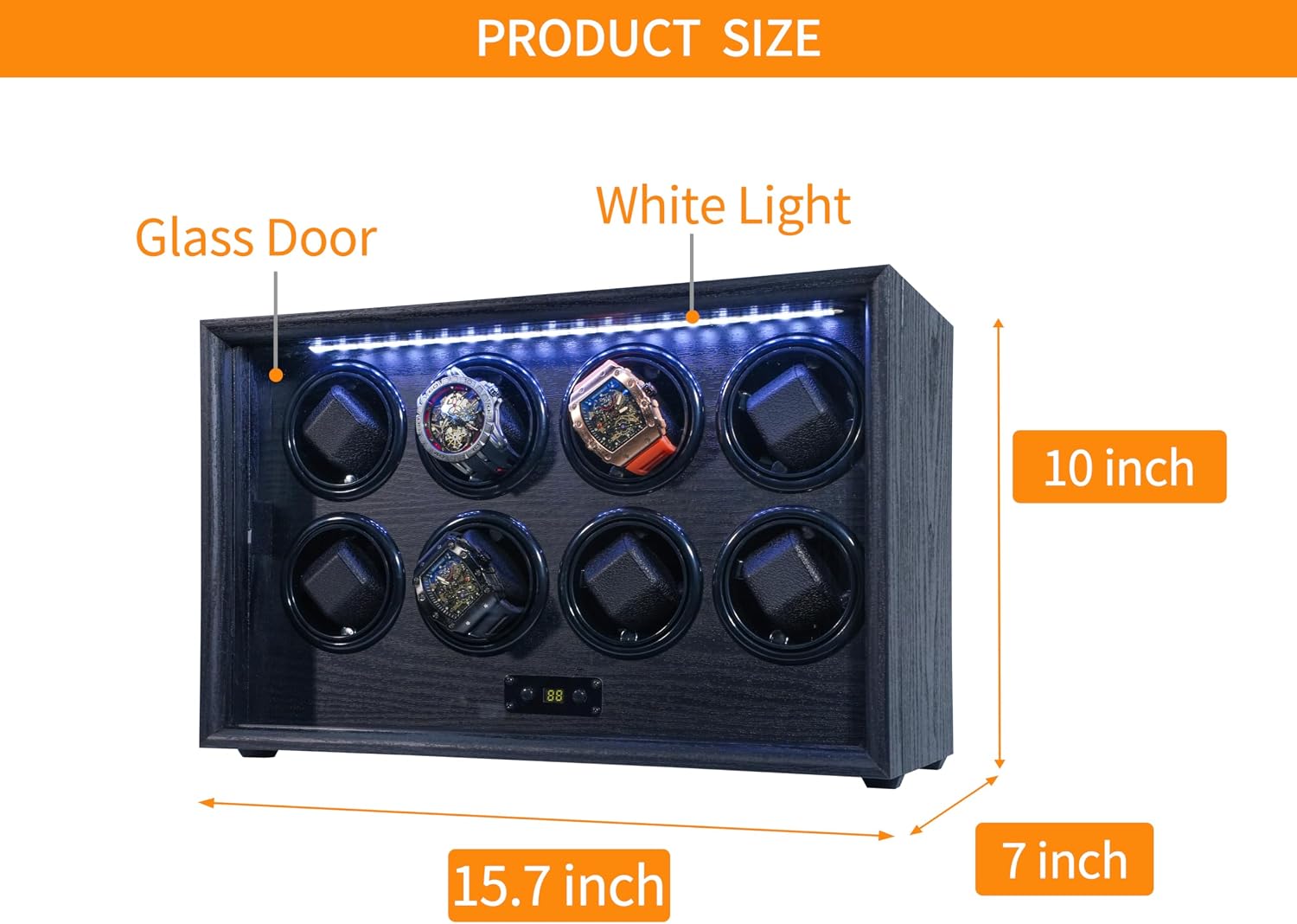 Watch Winder for 2/4/6/8 Automatic Watches, Watch Rotator for Rolex 15 Rotation Modes Display Box White Light, Watches Winder Case with USB-C Adapter, Present for Men Quiet Mabuchi Motor(≤5db)