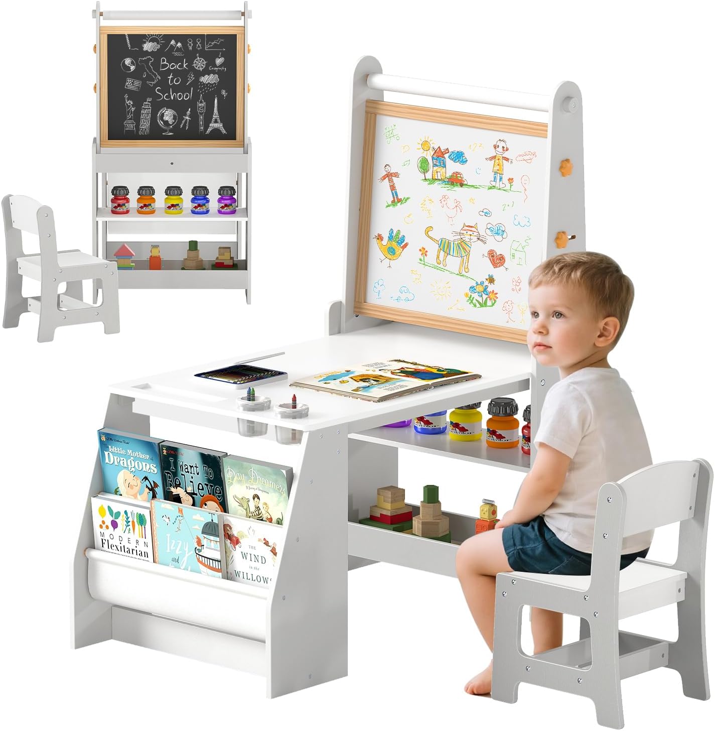 HONEY JOY Kids Art Table, Wooden Arts and Crafts Activity Set w/Adjustable Magnetic Whiteboard & Chalkboard, Paper Roll, Bookshelves & Storage Shelves, Toddler Table and Chair Set (Gray)