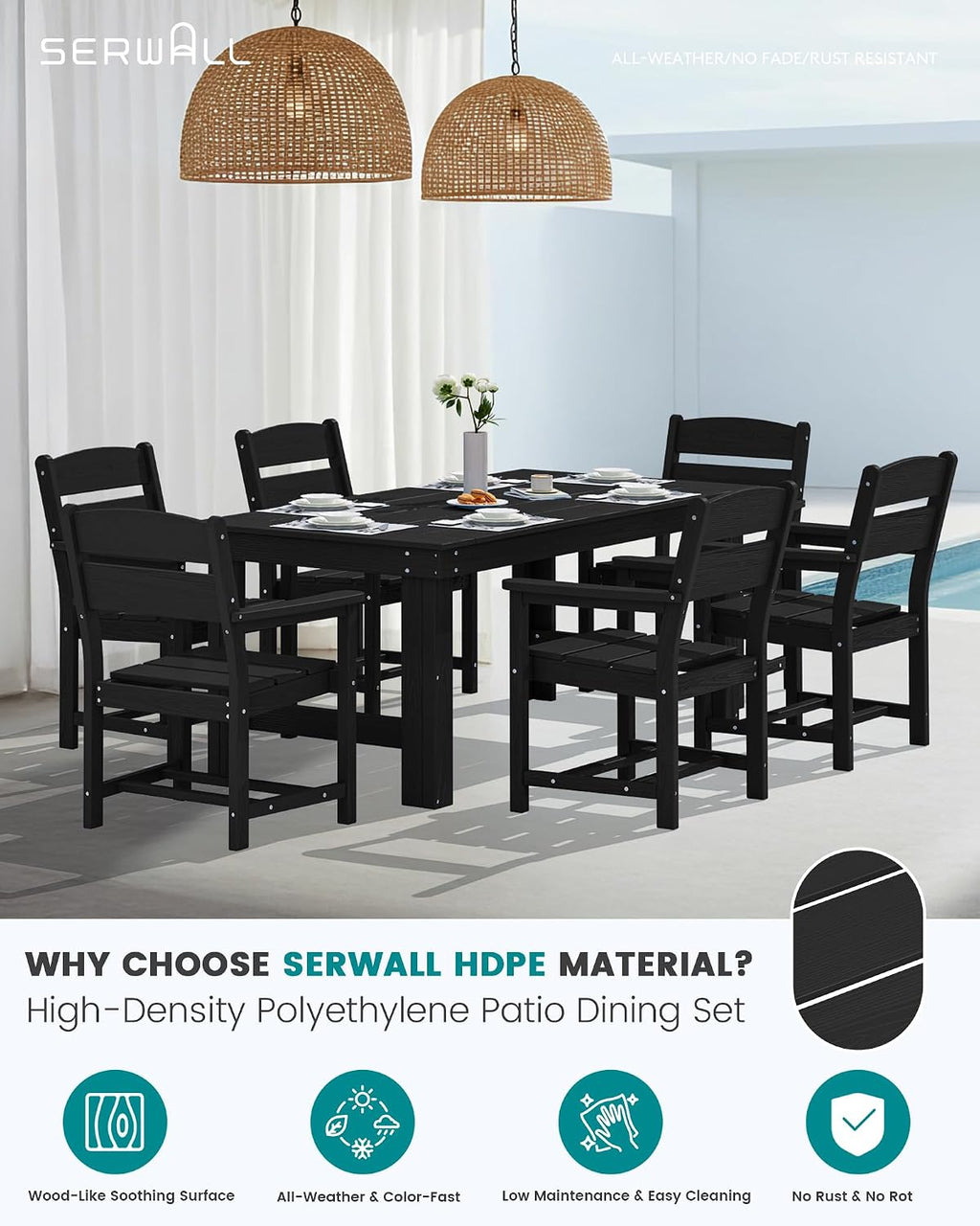 SERWALL Outdoor Dining Table Set, 67'' HDPE Patio Dining Set for 4, All-Weather Outdoor Table and Chairs Set for Deck, Black