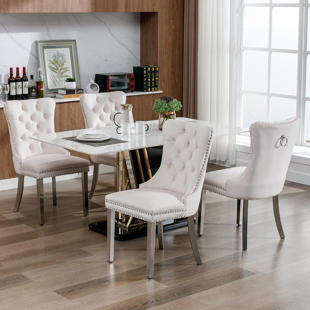 ODUSE-DAILY Velvet Dining Chairs Set of 4, Kitchen & Dining Room Chairs Set of 4, Tufted Dining Chairs, Velvet Upholstered, Chrome Metal Legs (Beige)