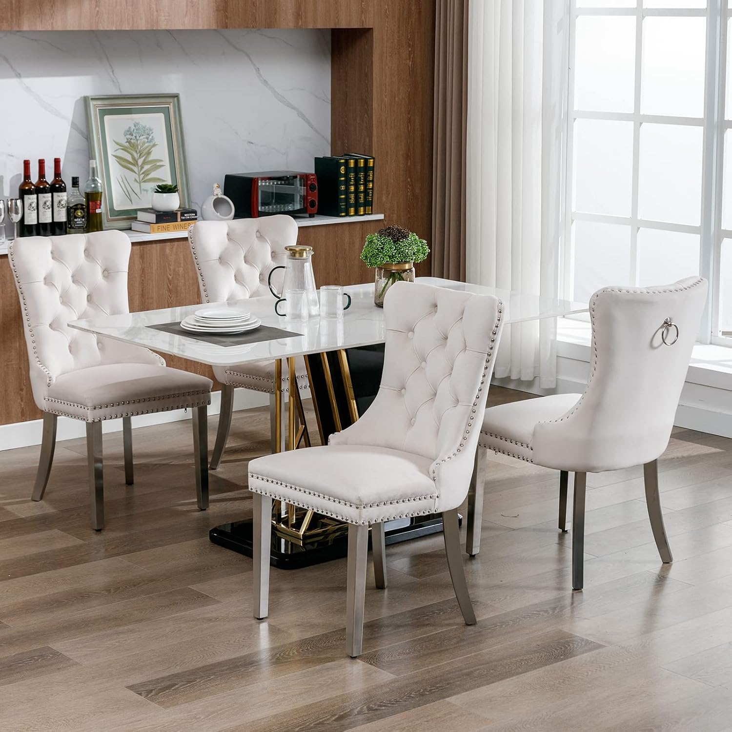 ODUSE-DAILY Velvet Dining Chairs Set of 4, Kitchen & Dining Room Chairs Set of 4, Tufted Dining Chairs, Velvet Upholstered, Chrome Metal Legs (Beige)
