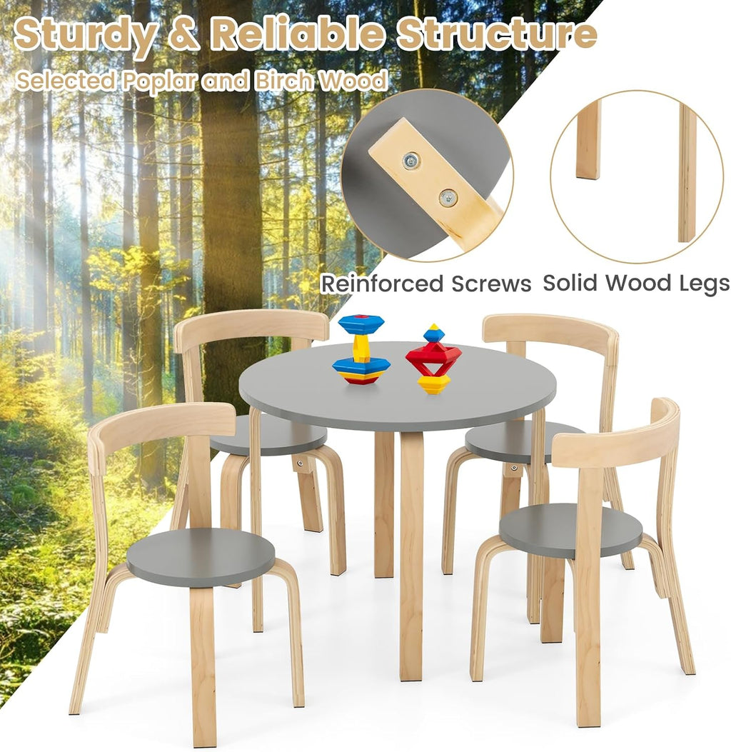 HONEY JOY Kids Table and Chair Set, Bentwood Toddler Round Table and 4 Chairs for Craft Art, Building Block, 5-Piece Children Furniture Set for Daycare, Kindergarten, Playroom (Gray)