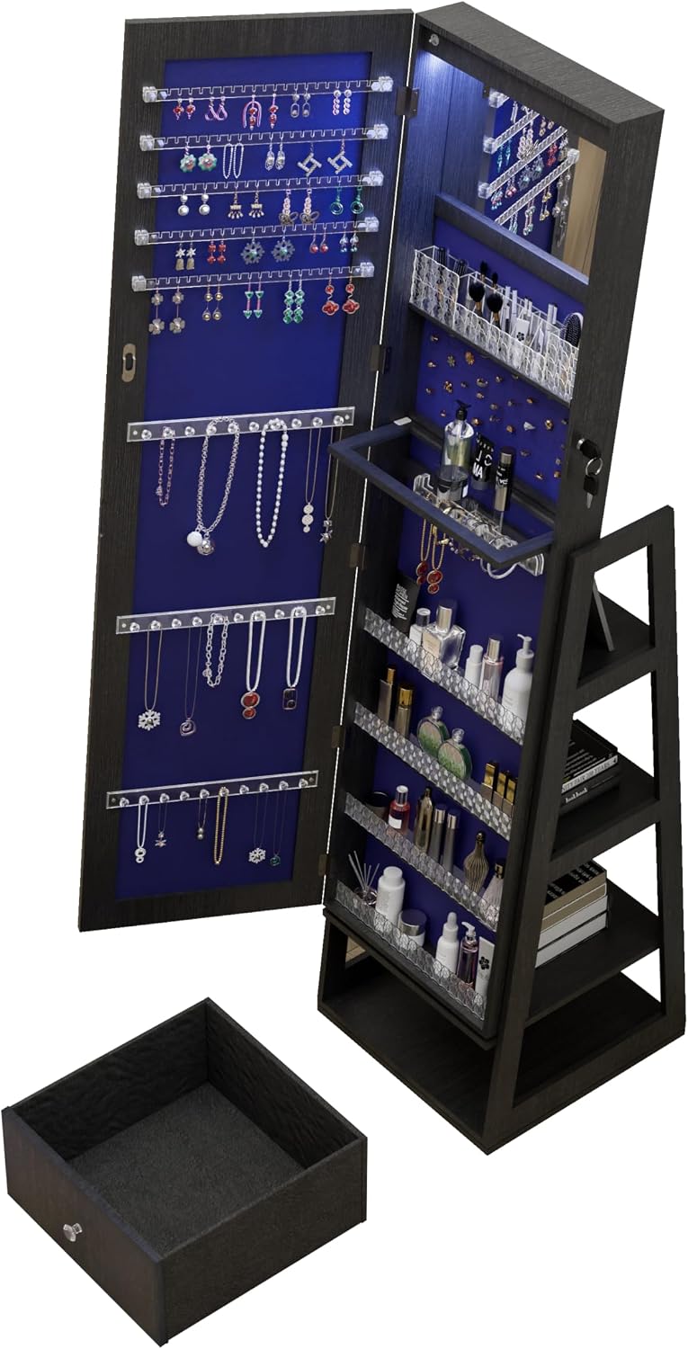 65' 360° Swivel Freestanding Storage Chest, Jewelry Cabinets with Interior Light, Utility Organizer with Lock for Home, Black