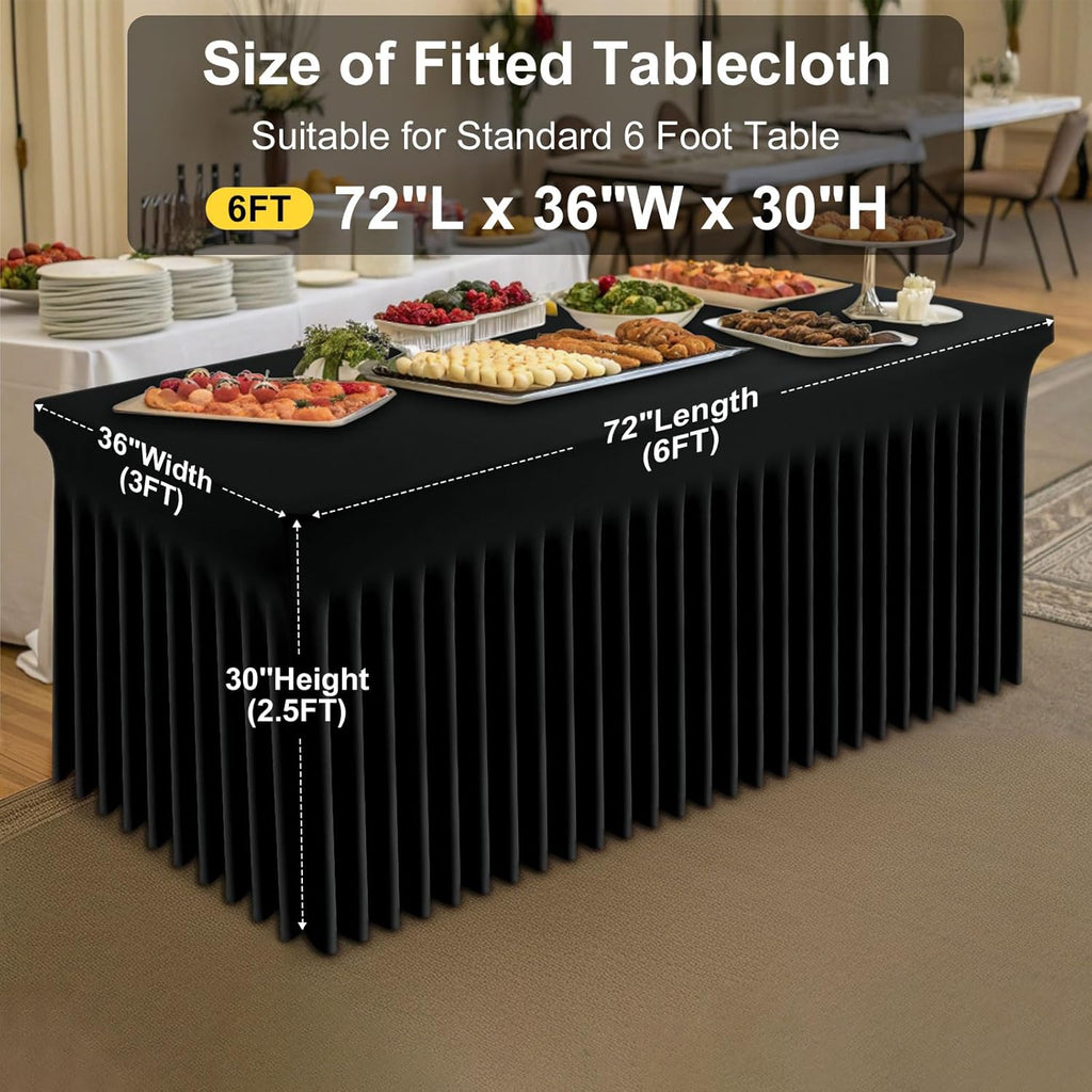 Smiry Spandex Tablecloth 6 Pack, Elastic Fitted Stretch Tablecloth for 6FT Rectangle Tables, Waterproof Washable Table Cover Skirt for Wedding, Banquet & Parties (Black, 72Lx36Wx30H Inch)