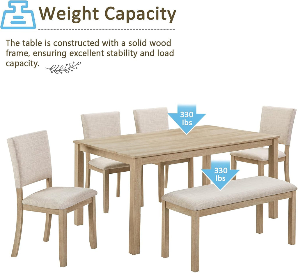 KEIKI 6-Piece Standard Height Dining Table Set with Rectangular Table, 4 Upholstered Chair, Bench, for 6 Person, Modern Style Wooden Table Set, Easy Assembly, for Kitchen, Dining Room, Light Oak