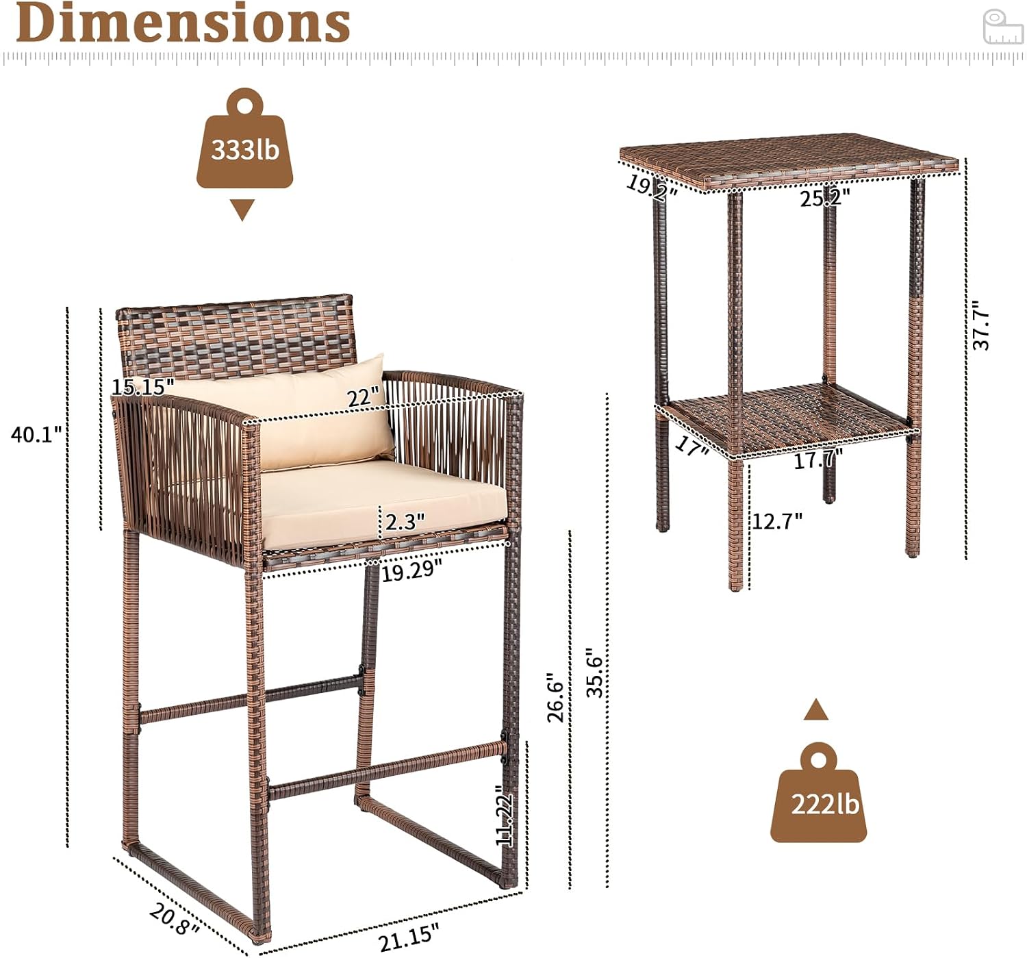 VINGLI 3 PCS Patio Bar Set Wicker, Outdoor Bar Table and Bar Stools with Storage Shelf and Cushions, Bar Height Outdoor Table and Chairs Wicker Furniture