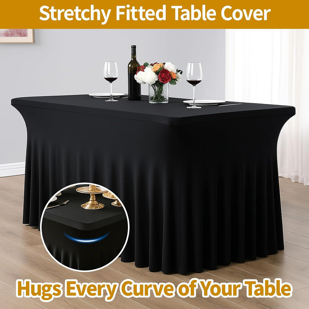 Deep Dream 6 Pack Black Spandex Fitted Tableclothes for 8 Foot Rectangle Tables, Wrinkle Free 8FT Fitted Table Cover, Stretch Tablecloth Table Skirt for Party, Banquet, Wedding and Events