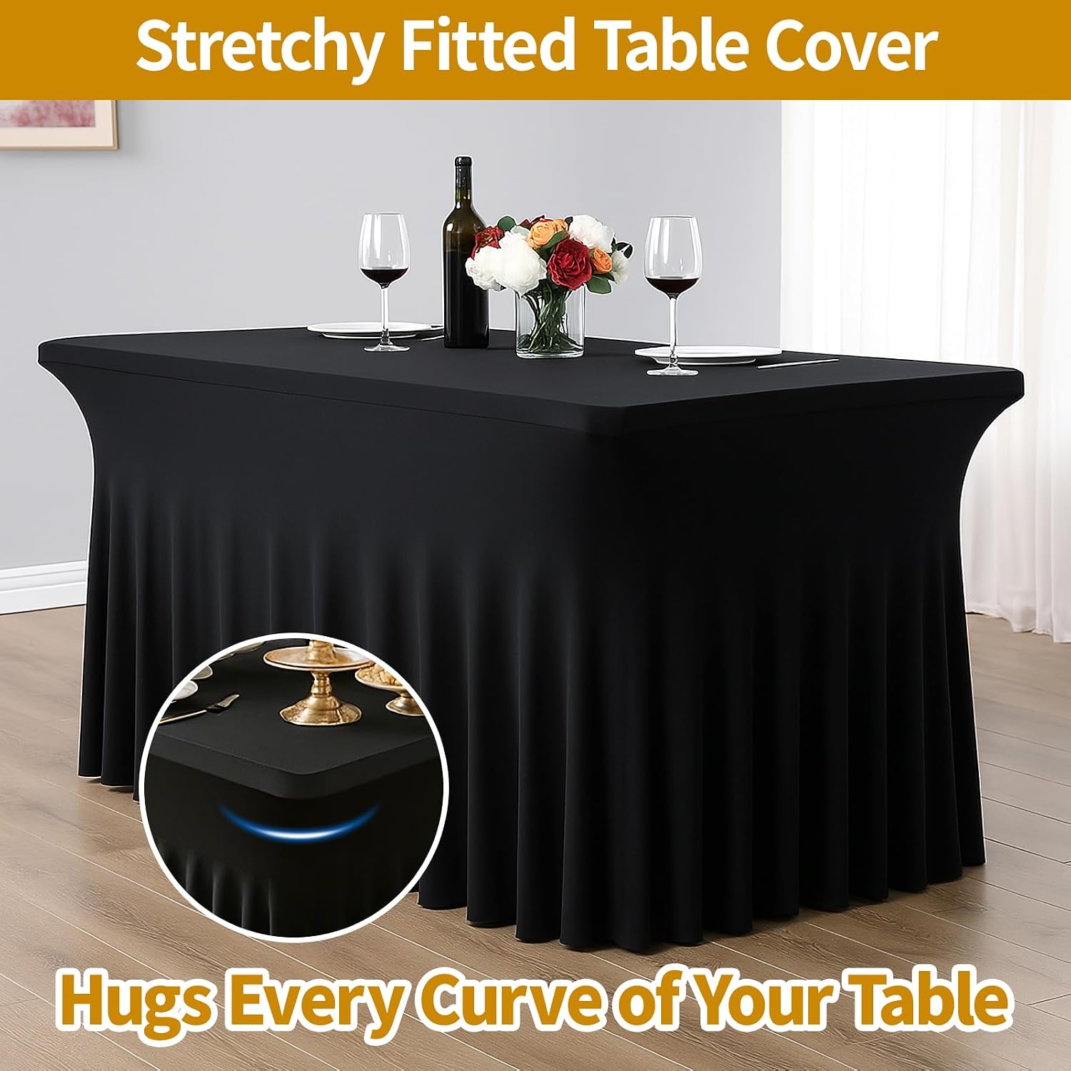 Deep Dream 6 Pack Black Spandex Fitted Tableclothes for 8 Foot Rectangle Tables, Wrinkle Free 8FT Fitted Table Cover, Stretch Tablecloth Table Skirt for Party, Banquet, Wedding and Events