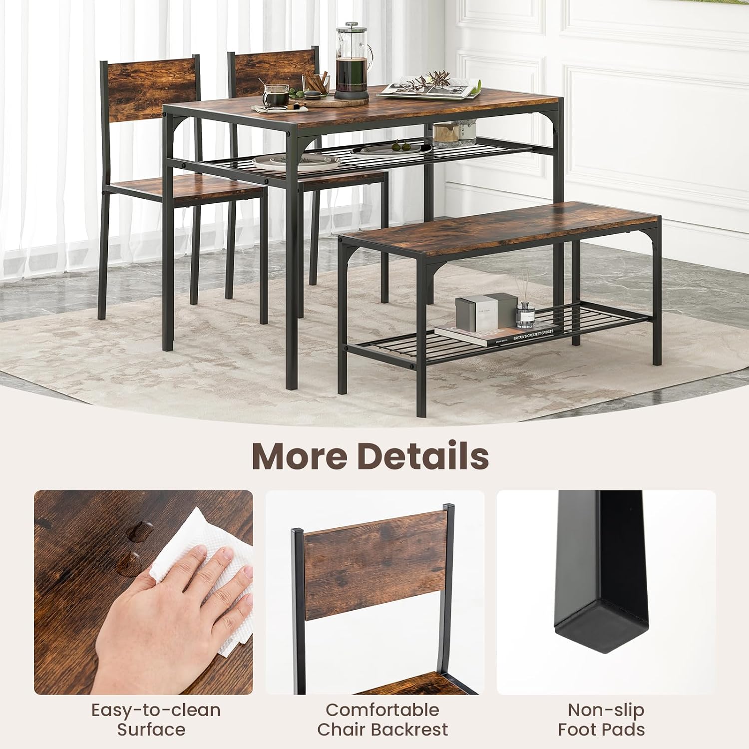 Giantex Dining Table Set for 4, Kitchen Table with Chairs & Bench, Storage Racks, Metal Frame, 4-Piece Space-Saving Dinette Set for Dining Room, Breakfast Nook, Small Space, Apartment,Rustic Brown