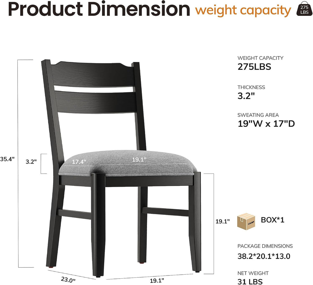 COLAMY Solid Wood Dining Chairs Set of 2, Modern Farmhouse Dining Room Chairs with 3.2' Thick Upholstered Seat, Ladder Back Kitchen Chairs for Breakfast Nook, Black