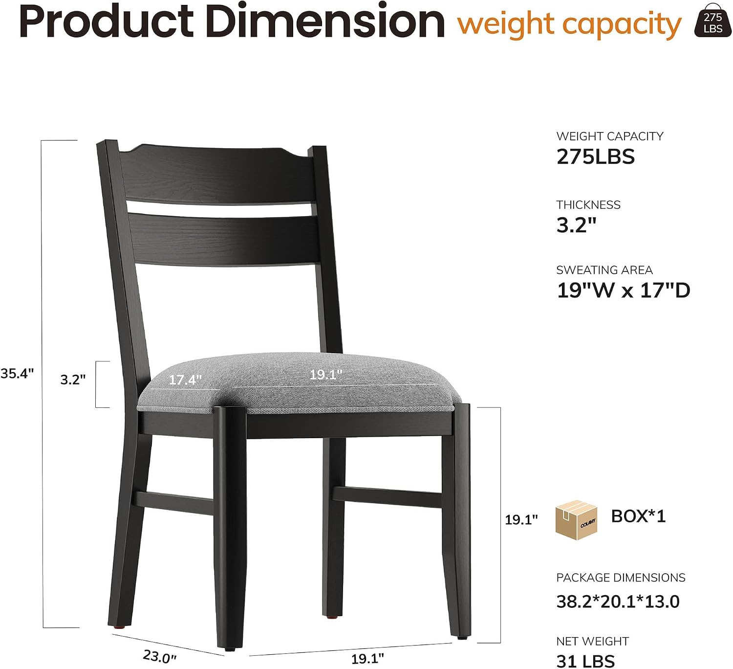 COLAMY Solid Wood Dining Chairs Set of 2, Modern Farmhouse Dining Room Chairs with 3.2' Thick Upholstered Seat, Ladder Back Kitchen Chairs for Breakfast Nook, Black