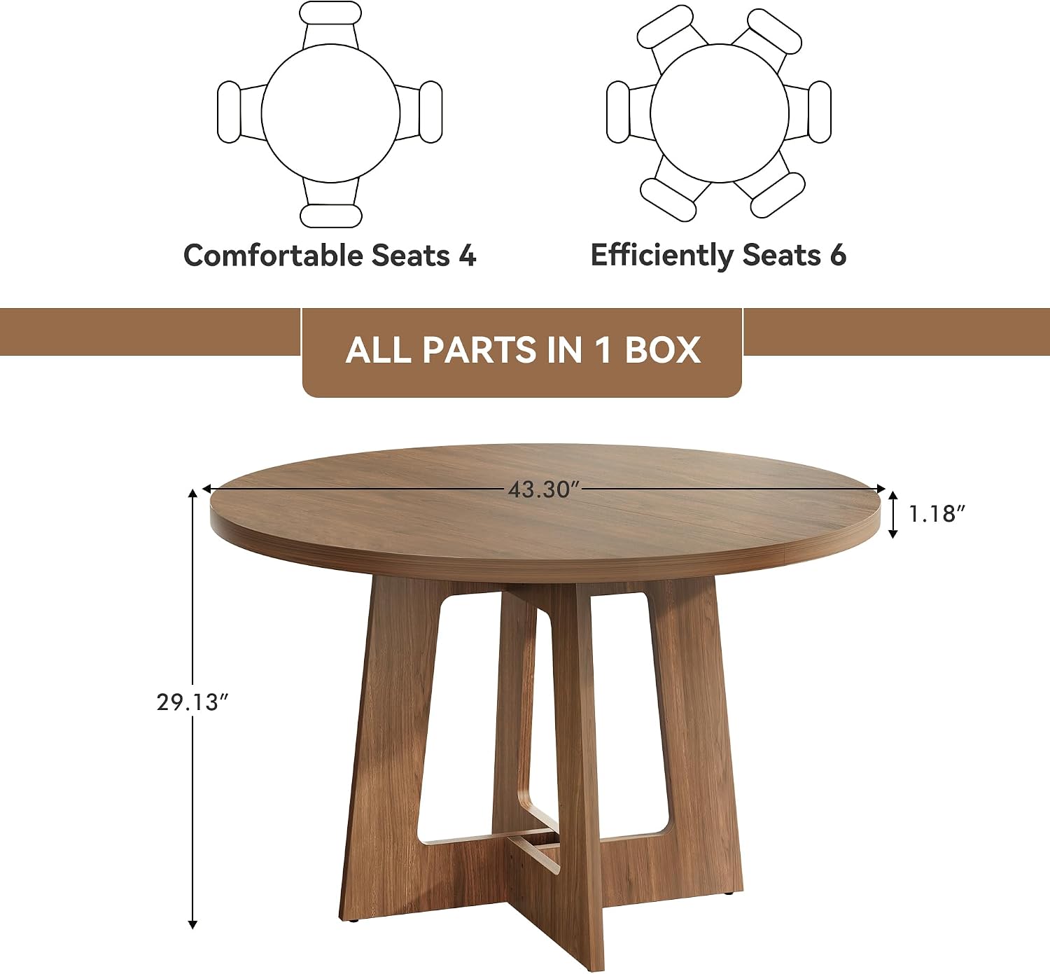 Round Dining Table for 4, Wooden Dining Room Table, Circle Kitchen Table for Home Dining Room Kitchen Living Room (Walnut Brown)