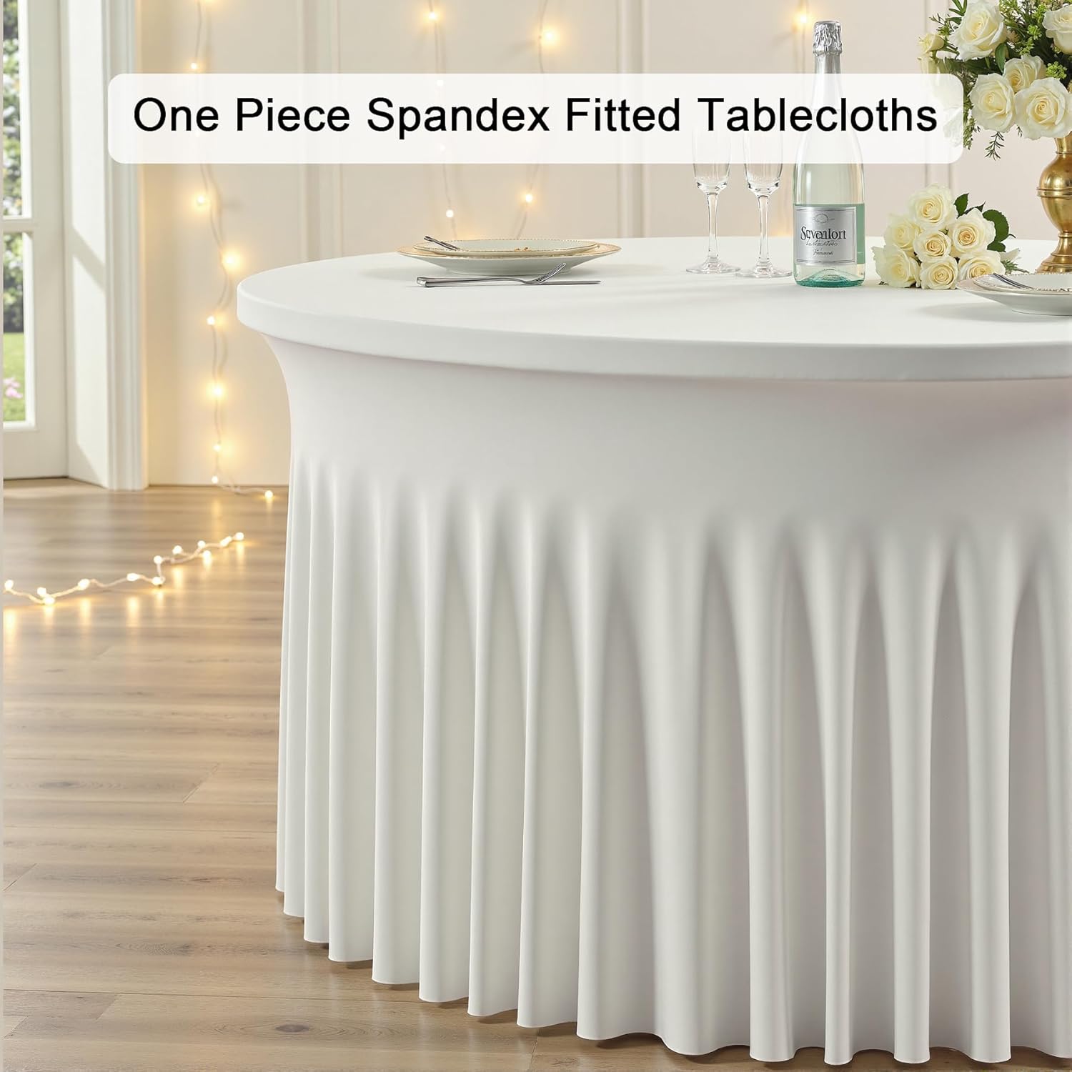 Outpain 8 Pack Ivory 72inch Spandex Round Tablecloths, Stretchy 132inch Fitted 6FT Round Table Cloths, Wrinkle Free Table Cover with Skirt for Wedding Party Dining Banquet