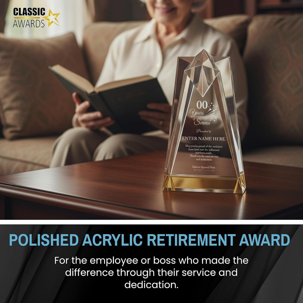 Personalized Acrylic Retirement Gifts For Men and Women, Laser Engraved Custom Trophy for Service Recognition, Years Of Service Retirement Trophy Award for Boss, Employee, Teacher (Gold Sculpted)