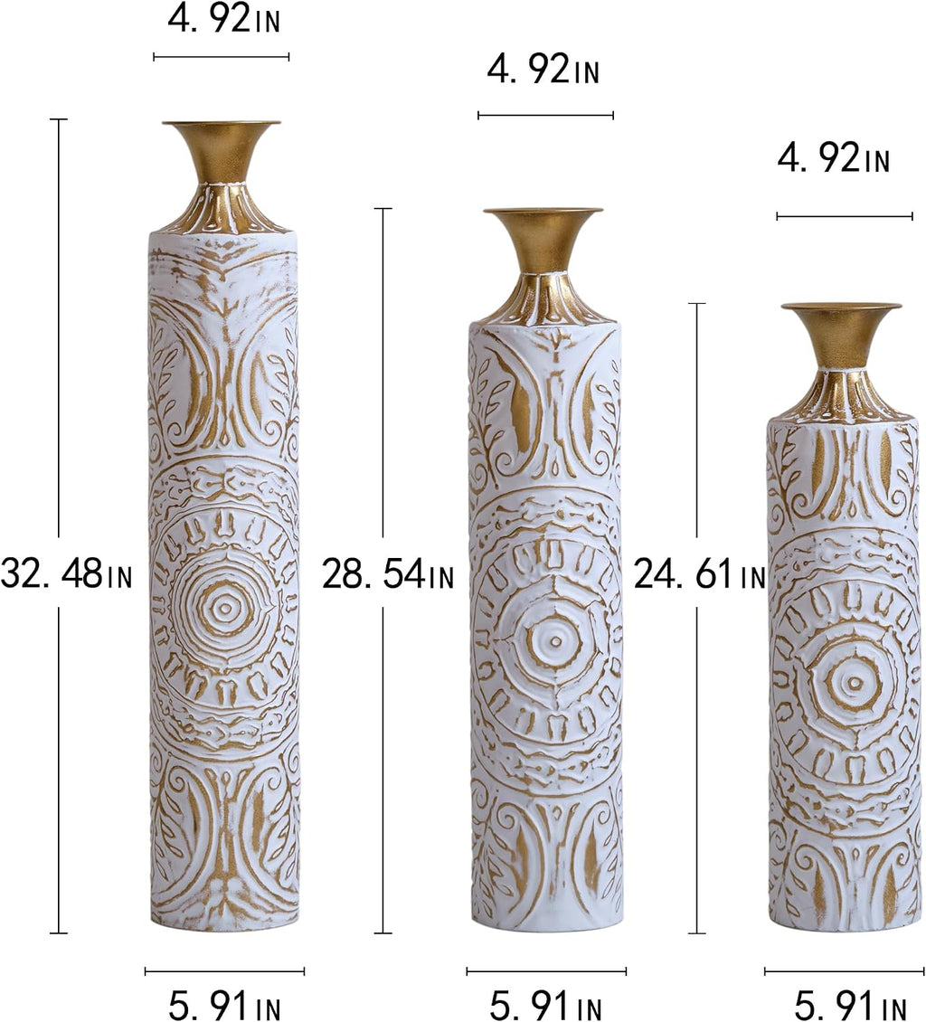 Floor Metal Decorated Vases Set of 3 for Gorgeous Home Decoration Large Glazed Metal Vases (Pampas+White)