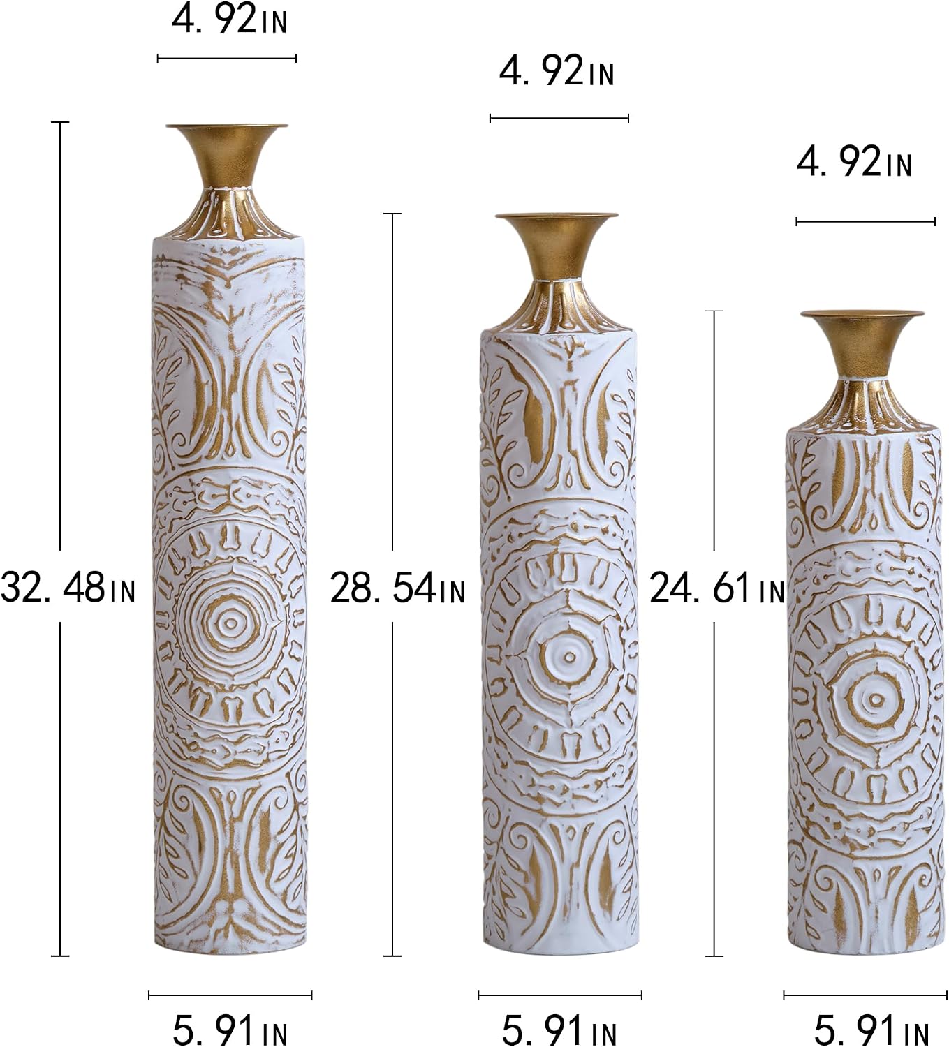 Floor Metal Decorated Vases Set of 3 for Gorgeous Home Decoration Large Glazed Metal Vases (Pampas+White)