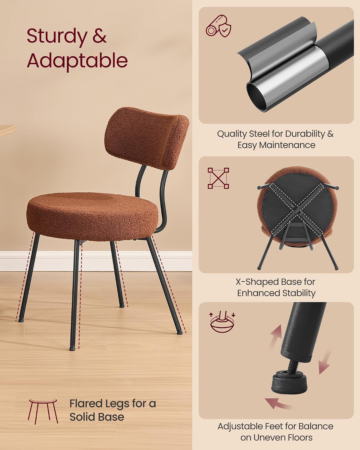VASAGLE Boucle Dining Chairs Set of 6, Upholstered Kitchen Dining Room Chairs with Curved Backrest and Steel Frame, Modern Mid Century, Round, for Vanity, Living Room, Coffee Brown UKDC110K01-3J