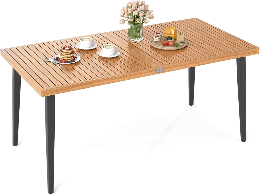 HAPPYGRILL Acacia Wood Outdoor Dining Table 63', 4-6 Person Rectangular Patio Table with Umbrella Hole and Solid Metal Frame, for Garden, Poolside, Backyard and Deck