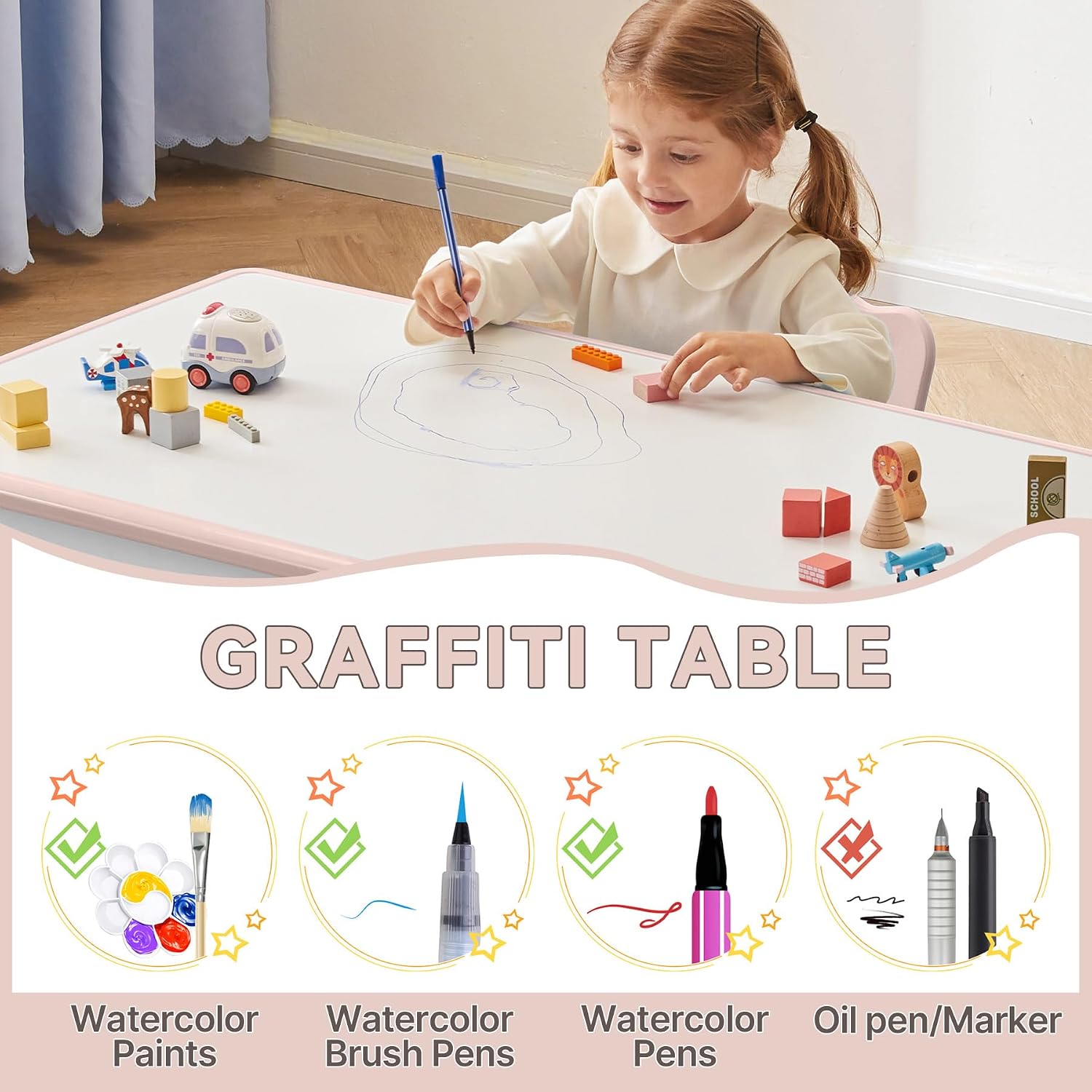 GITAWUSA Kids Study Table and Chairs Set, Height Adjustable Toddler Table and Chair Set for Kids Ages 3-8, Graffiti Desktop Plastic Children Art Table with 4 Seats, Lovely Pink