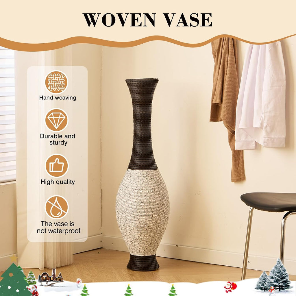 40' Tall Large Rattan Standing Floor Vase Modern Decorative Accent Flower Holder Floor Vase for Living Room Entryway Dining Room Stylish Home Décor Statement Piece (White+Brown)