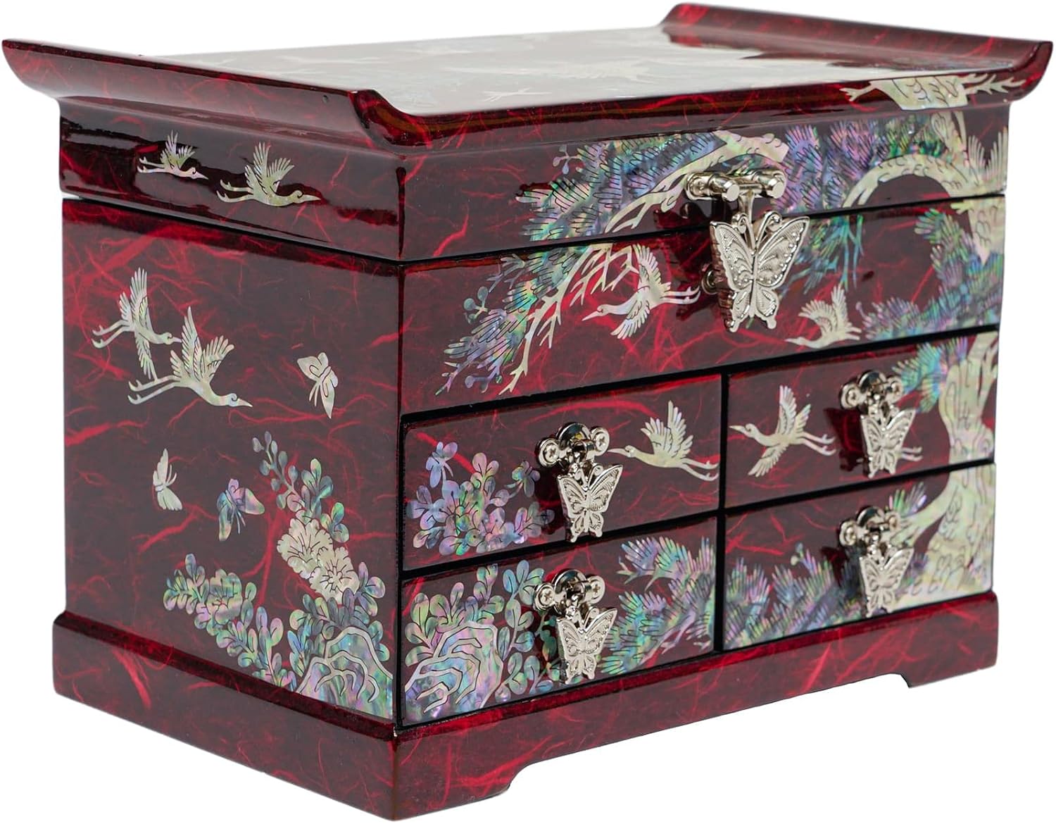 February Mountain Mother of Pearl Wooden Jewelry Organizer Box – Jewelry Storage Box for Women, Features Spacious Drawers, Ideal for Rings, Bracelets, Watches, Chains, Accessories (Crane_Red)