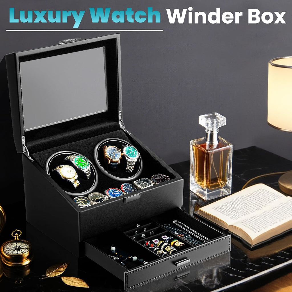 J&T Technology Watch Winder for 4 Automatic Watches, Watch Winder Box with Watch Holders and Jewelry Storage, Quiet Japan-Made Motor,LED Light,Gift for Men & Women