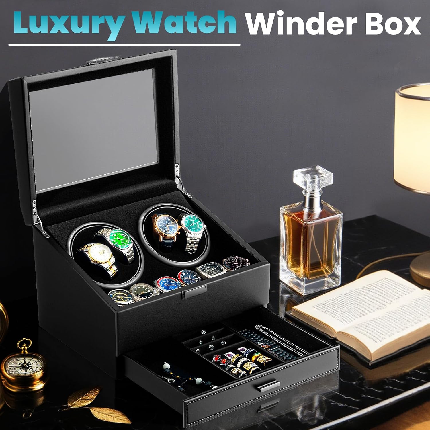 J&T Technology Watch Winder for 4 Automatic Watches, Watch Winder Box with Watch Holders and Jewelry Storage, Quiet Japan-Made Motor,LED Light,Gift for Men & Women