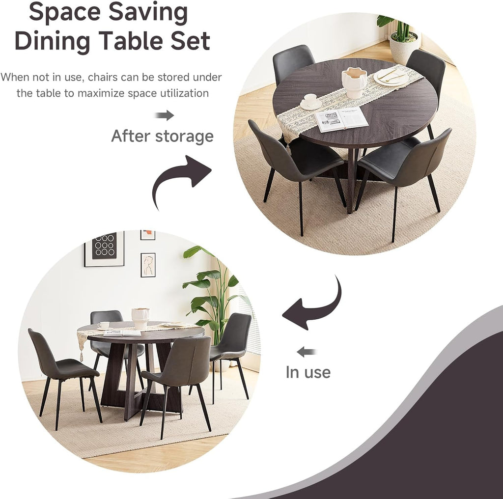 47 inch Round Dining Table Set for 4 with Chairs Kitchen Table and Chairs Set Mid-Century Modern Round Wood Kitchen Tables with Upholstered Synthetic Leather Chairs Set of 4