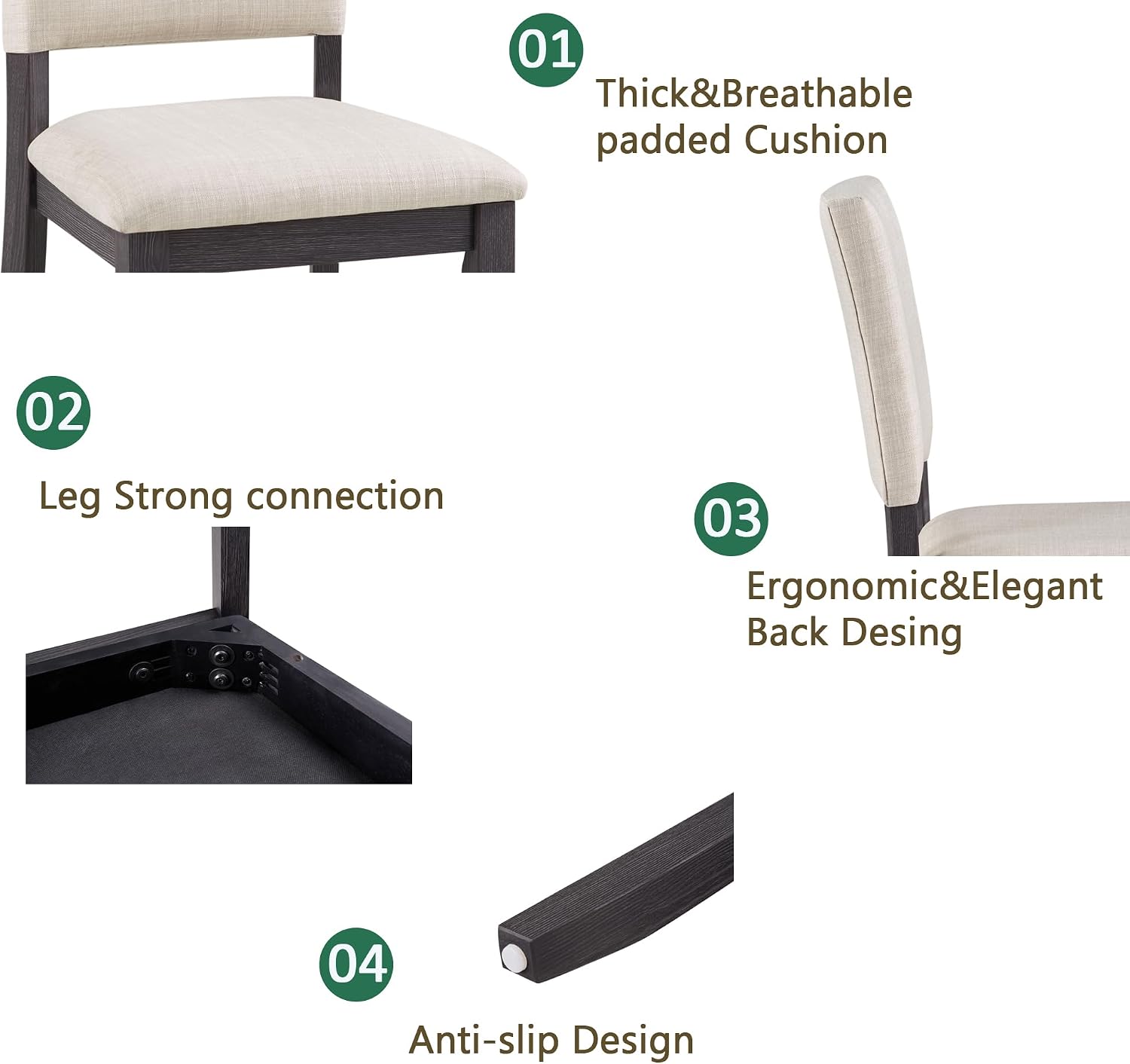 KEIKI 5-Piece Standard Height Dining Table Set with Square Table, 4 Upholstered Curved Backrest Chair, for 4 Person, Modern Style Table Set, Easy Assembly, for Kitchen, Dining Room, Black+Beige
