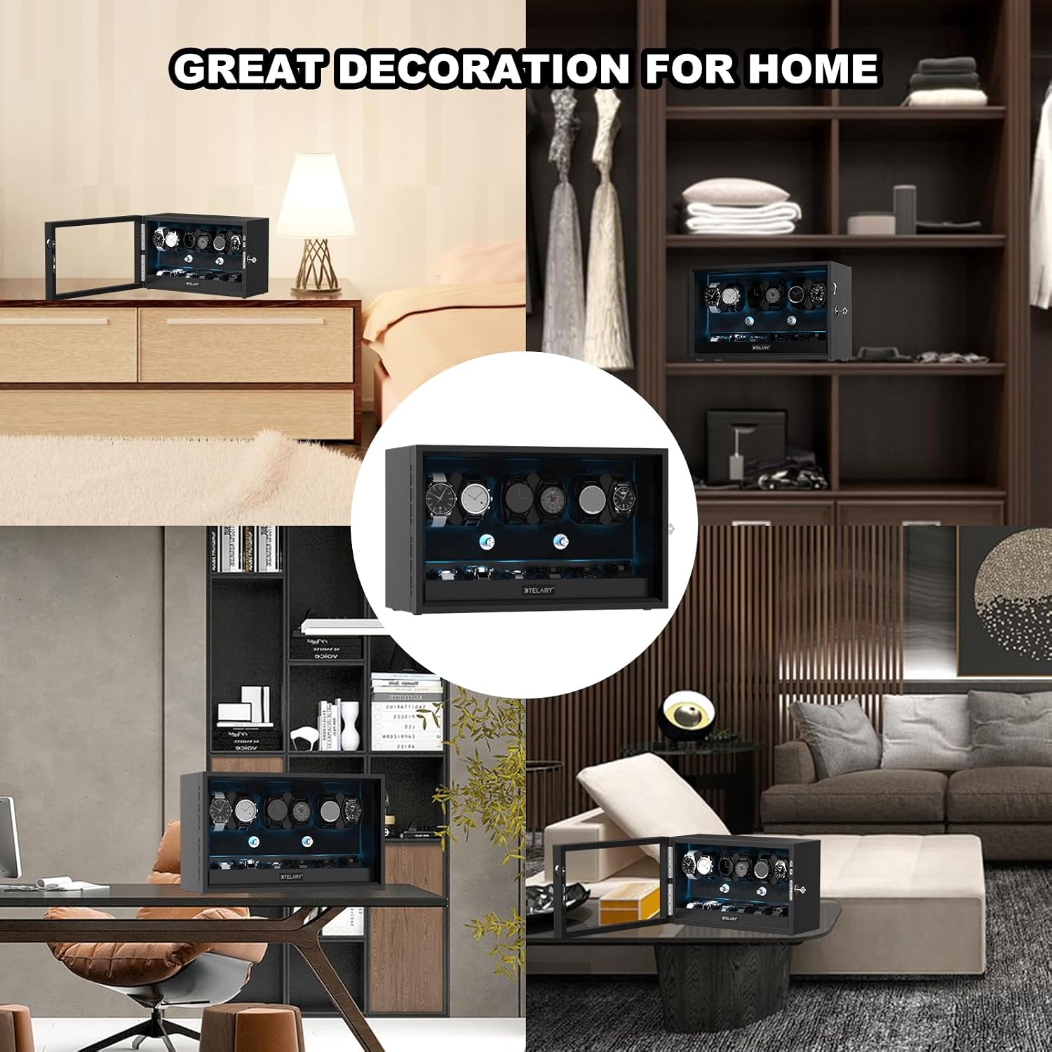 XTELARY Lockable Automatic Watch Winder - 4/6/8/12 Watch Storage, 4 Rotation Modes, Quiet Motor, Backlight