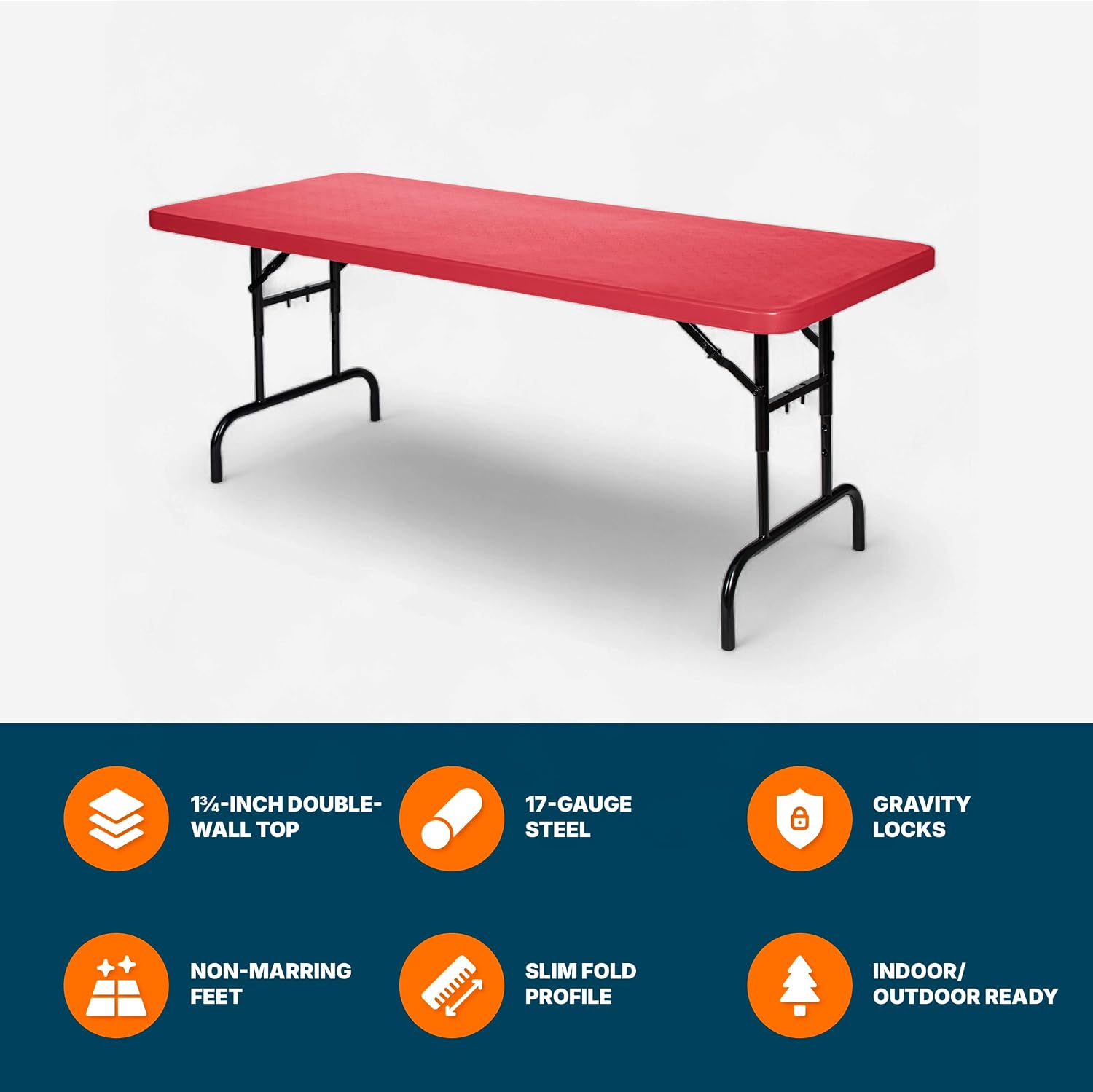 OEF Furnishings OEFBTA-3072-40 Adjustable-Height Commercial-Grade Premium Industrial Folding Table, 6-Foot Pedestal-Leg Design with 17-Gauge Steel Frame and Thick Double-Wall Top (72' × 30', Red Top)