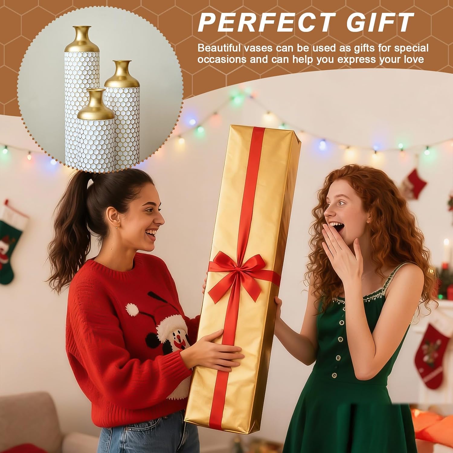 Tall Floor Vases Set of 3, White and Gold Large Tall Decorative Standing Vases with Hammered Gold Accents for Fireplace Home Corner Hallway Office, 31.5' 27.5' 23.6'