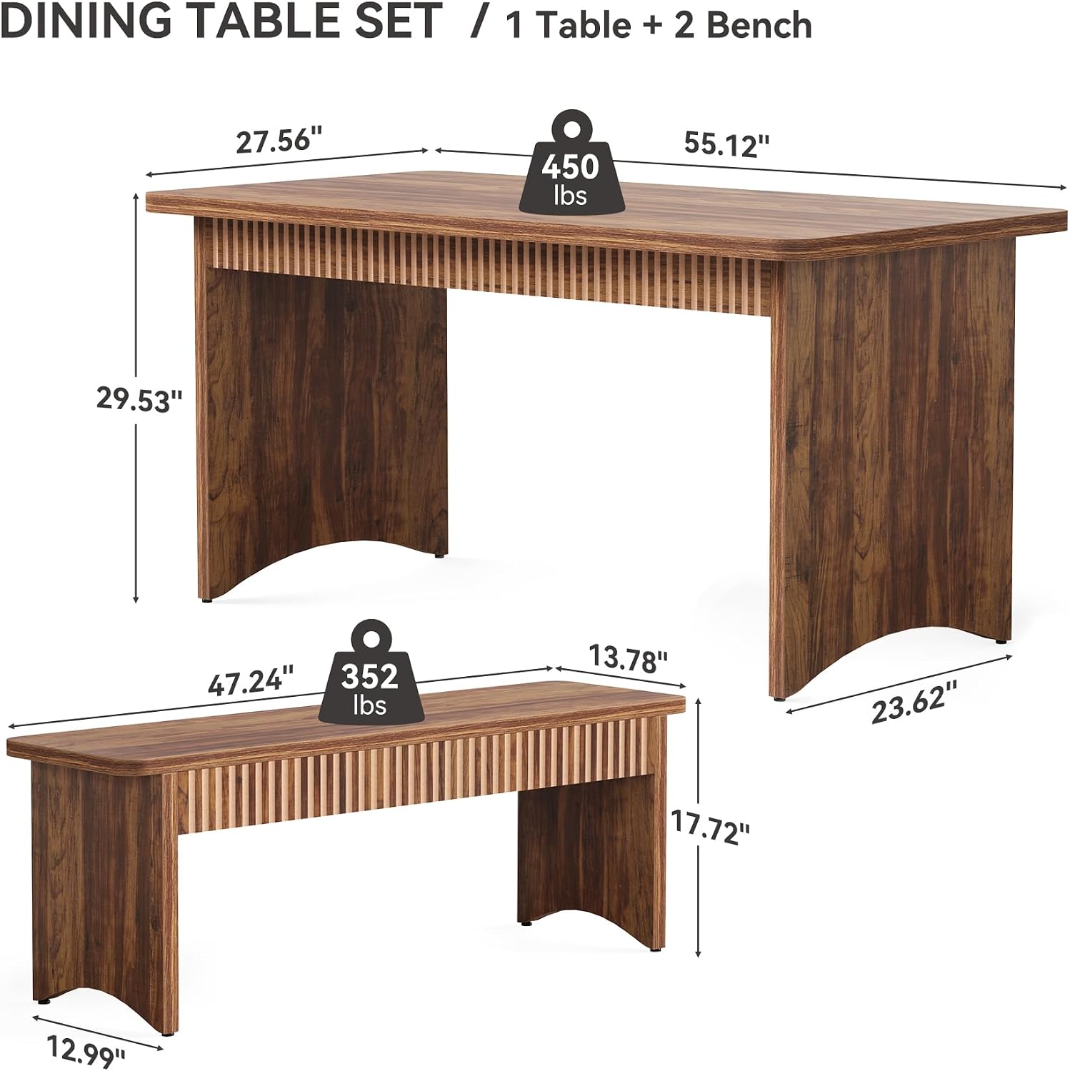 LITTLE TREE 55' Dining Table with 2 Benches, Dining Table Set for 4-6 People, Farmhouse Kitchen Table with Bench, Dining Room Table Set