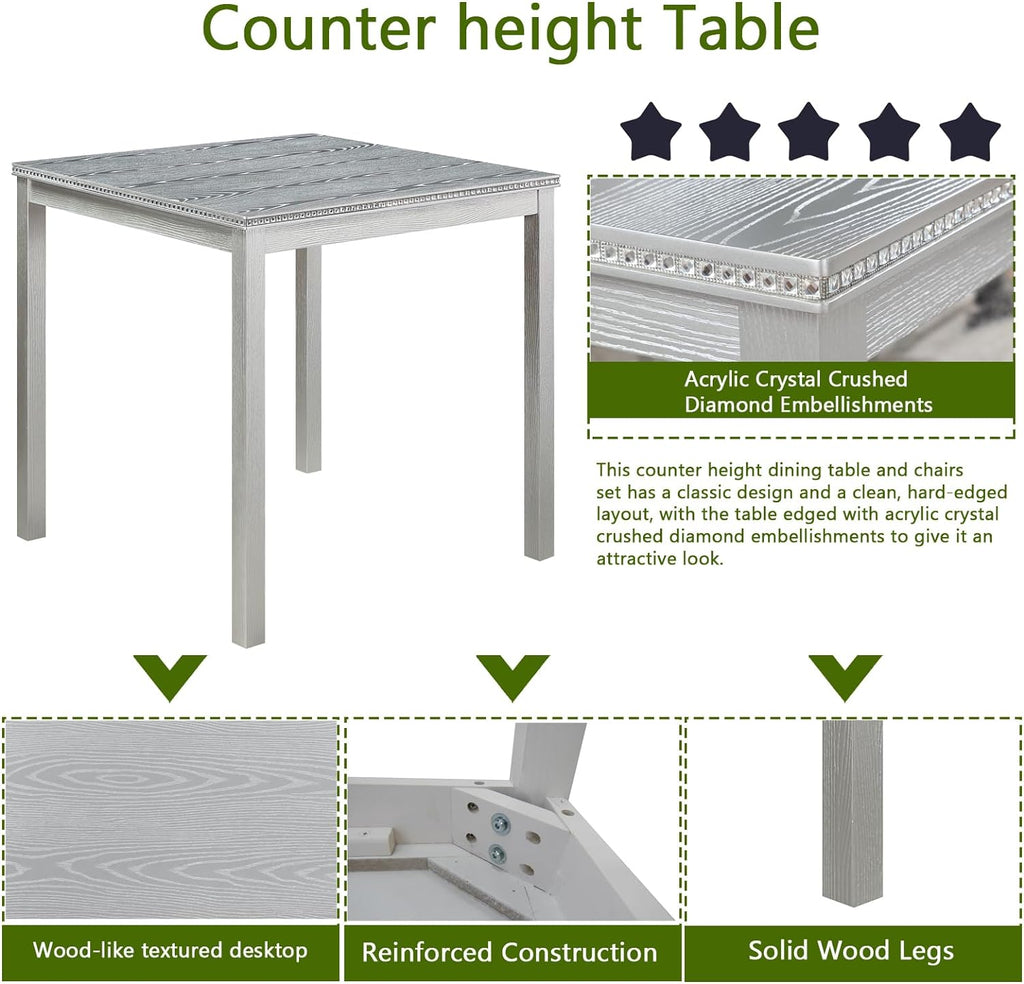 KEIKI 5-Piece Counter Height Dining Table Set with Square Table and 4 Upholstered Chair, for 4 Person, Modern Crystal Decoration Wooden Table Set, Easy Assembly, for Kitchen, Dining Room, Silver Grey