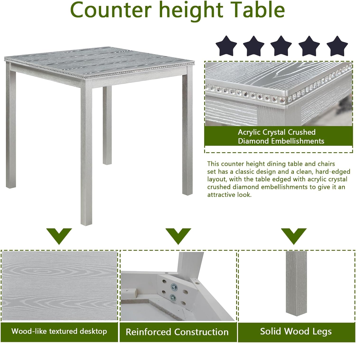 KEIKI 5-Piece Counter Height Dining Table Set with Square Table and 4 Upholstered Chair, for 4 Person, Modern Crystal Decoration Wooden Table Set, Easy Assembly, for Kitchen, Dining Room, Silver Grey