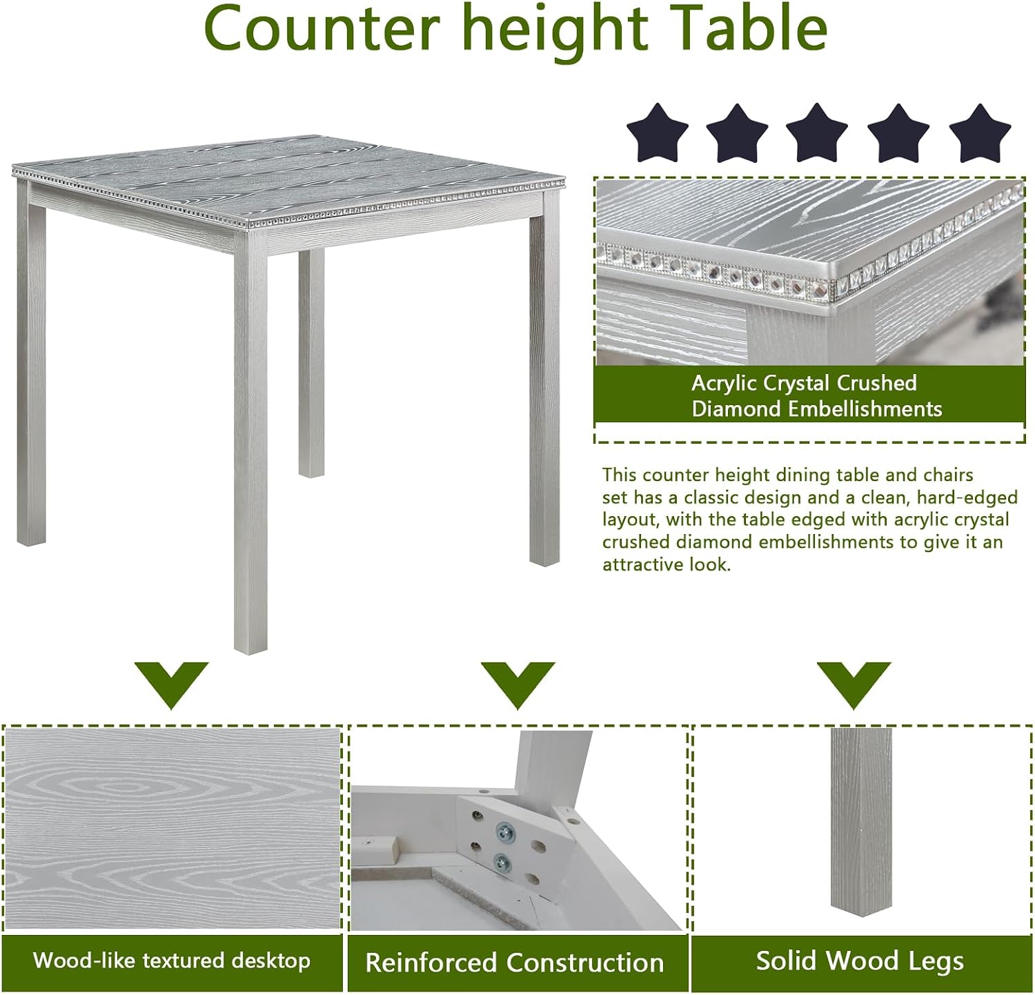 LUMISOL Dining Table Set for 4, 5-Piece Solid Wood Counter Height Kitchen Table Set with 4 Upholstered Chairs for Kitchen, Dining Room, Home Bar, Silver Gray