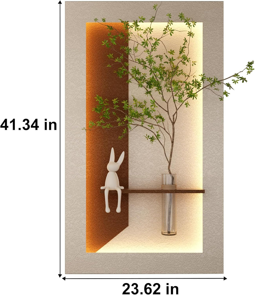 Montary 3D Sandstone Art Painting, Adjustable 3-Color LED Sandstone Wall Decor with Simulated Green Plants - 3D Art Sculpture, Glass Vase & Rabbit Statue, for Living Room, Bedroom, Hallway